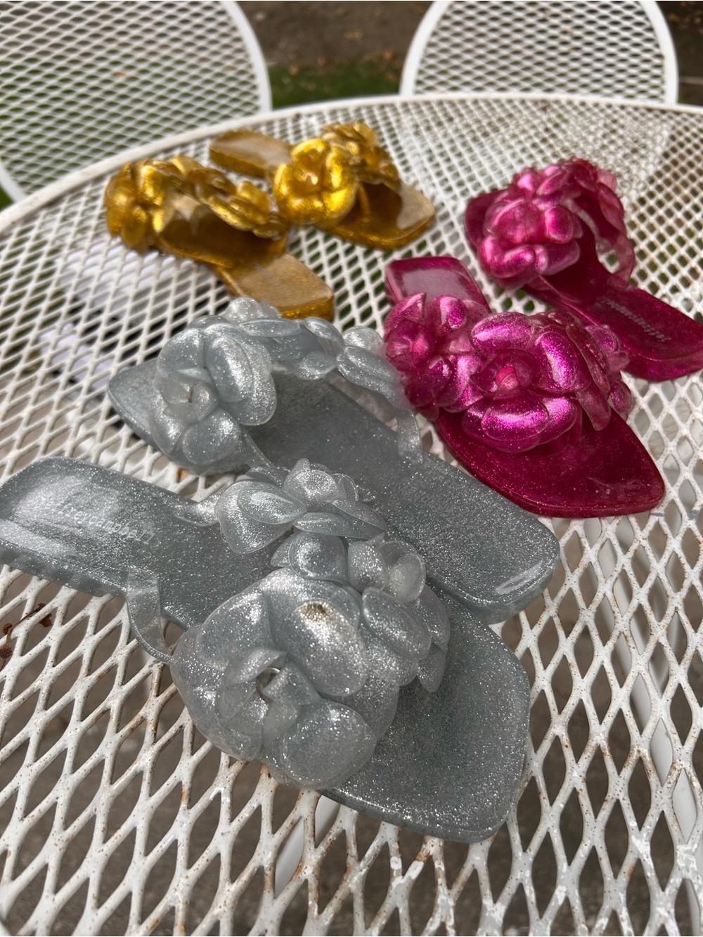 All 3 Jeffrey Campbell Metallic Silver, Gold and Pink Floral Slide Sandals